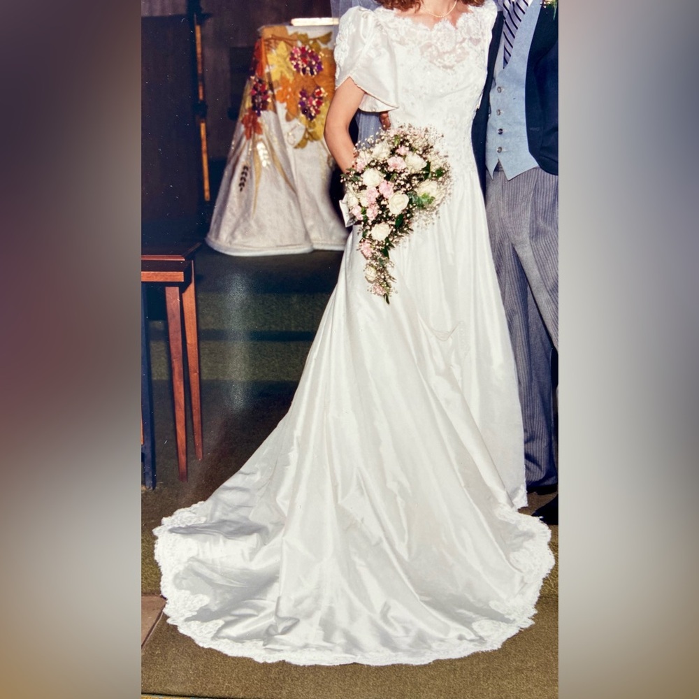 Vintage 1989 Wedding Gown custom made of raw silk.